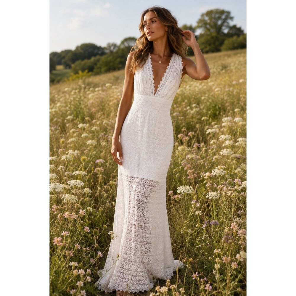 Bebe White Lace Chevron Maxi Dress Women’s Size 4 Sleeveless Deep V Boho